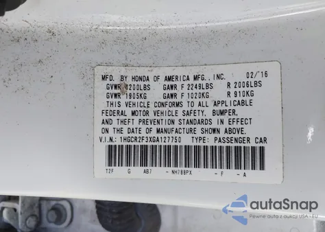 2016 Honda Accord Lx из США, поврежденный, VIN 1HGCR2F3XGA127750